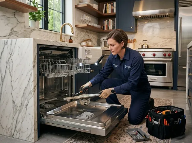 Appliance Repair Hero technician servicing a built-in dishwasher in a Brookfield, CT kitchen