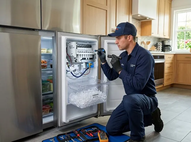 Appliance Repair Hero technician repairing a refrigerator ice maker in Brookfield, CT